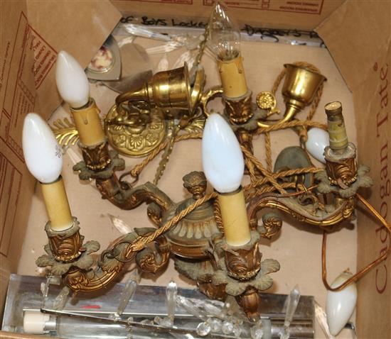 A 20th century ormolu five light electrolier, a pair of wall lights and sundries